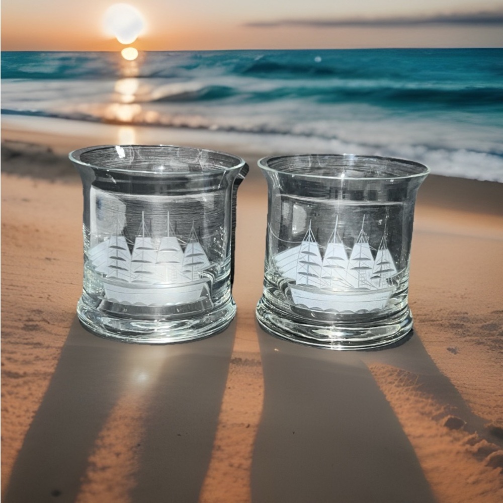 Vintage Hand Etched Crystal Clipper Ship Whiskey On The Rocks Glasses Set Of 2
